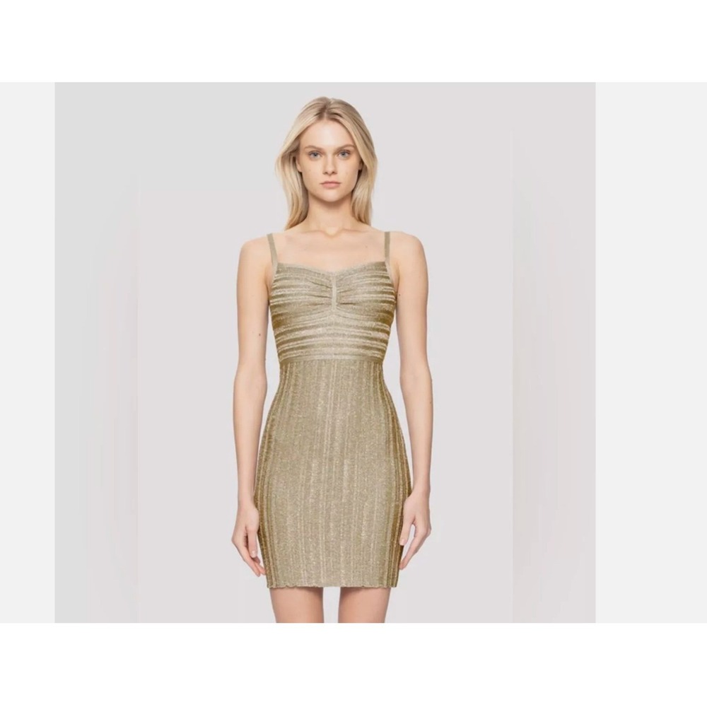 Herve Leger Paris Metallic Gold Ribbed‎ Knit Mini Dress Large Sweetheart NEW
